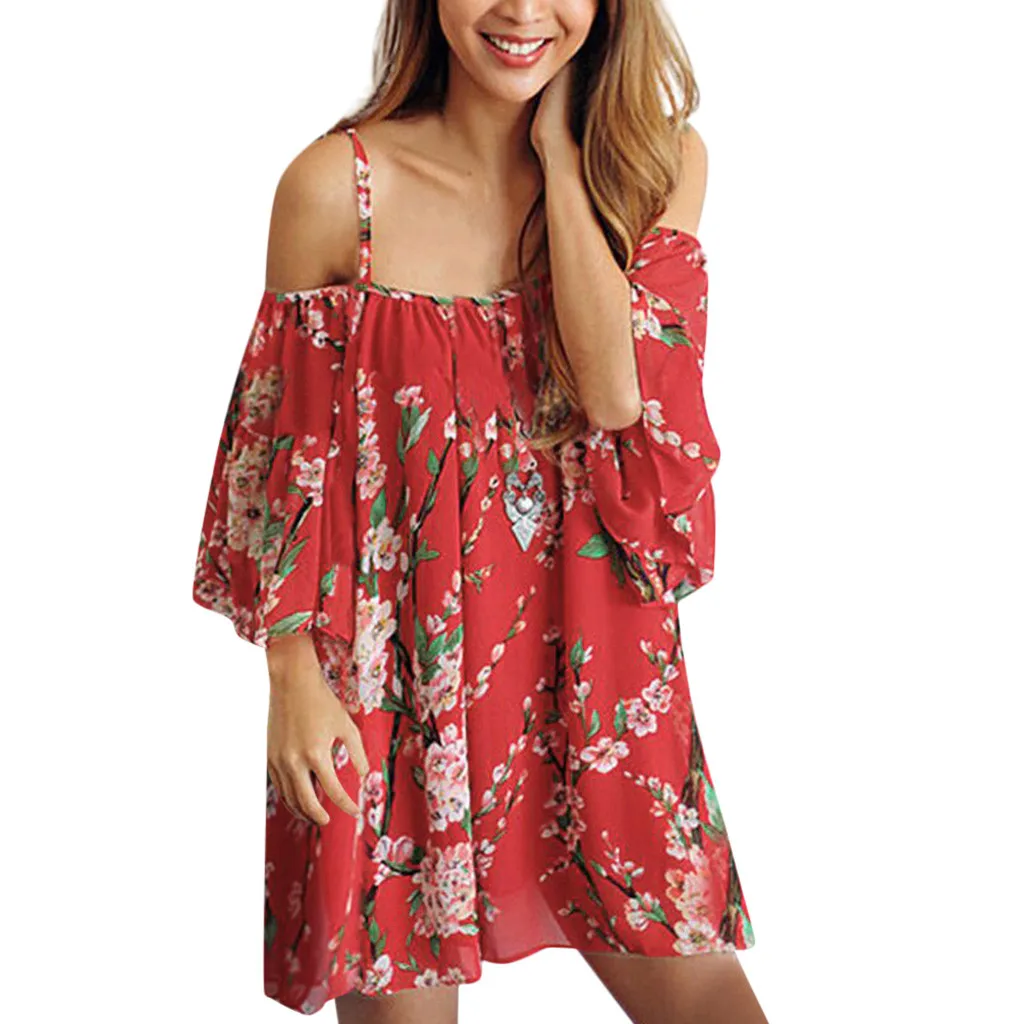 

Loose Dress Summer Lady Bohemian Mini Fashion dresses Sexy Print Leaky Shoulder Strap New Dress 2019#D10