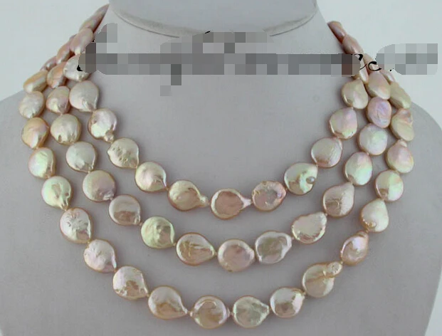 

z1283 3row 14mm pink coin freshwater pearl necklace shell AAA