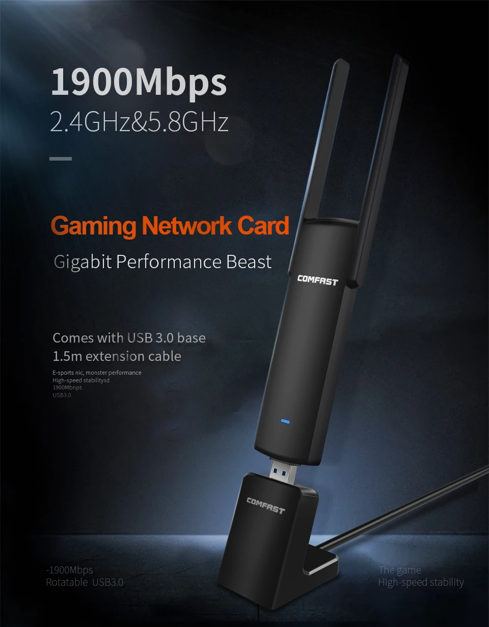 1900 Мбит/с gigabit USB ac WiFi адаптер 2,4 ГГц 5 ГГц двухдиапазонный 802.11ac PC беспроводной компьютерный сетевой картоприемник с USB3.0 базой