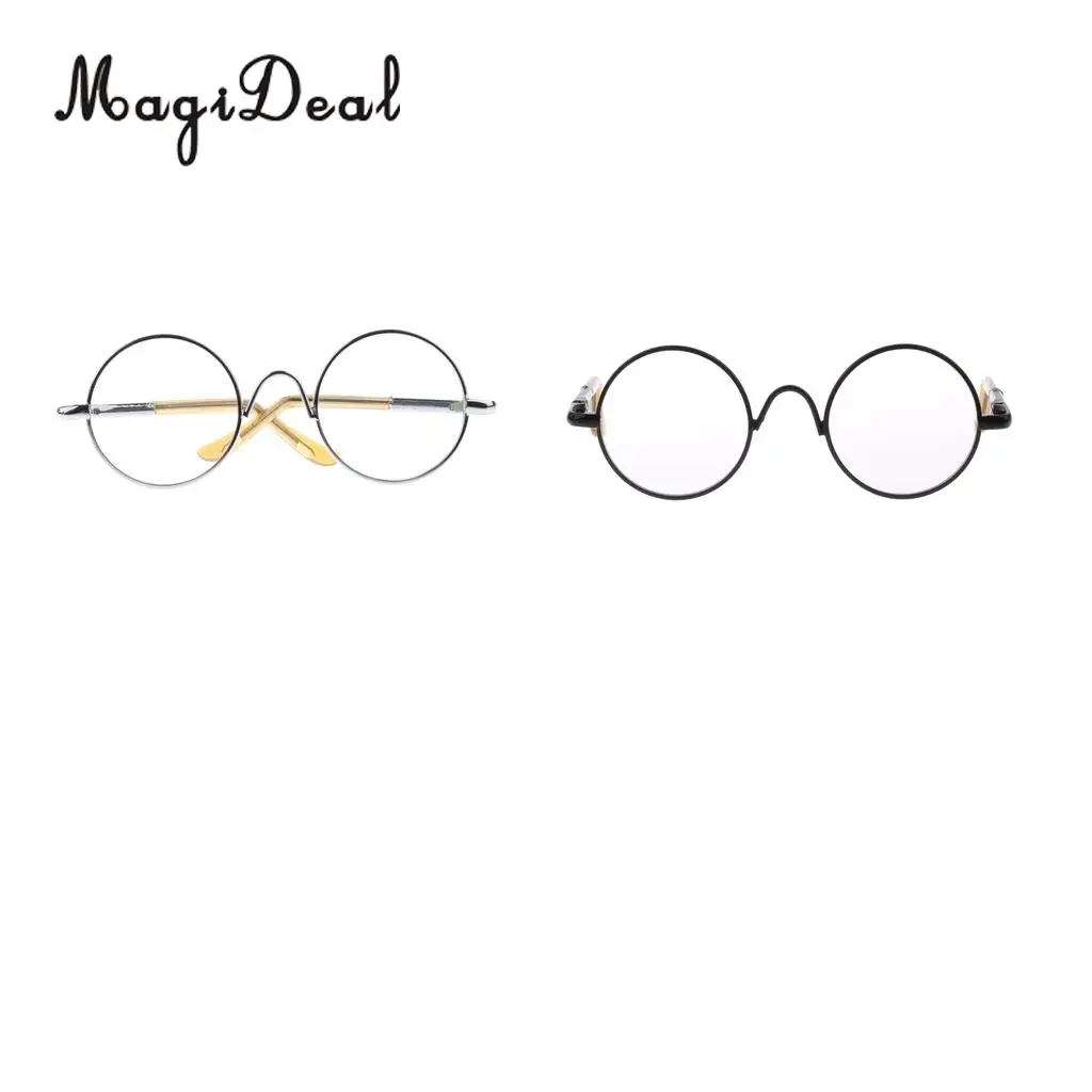 2 Pairs of Retro Hippy Style Round Metal Frame Clear Lens Eye Glasses Eyewear with Silver & Black Frame for Dolls Accessories