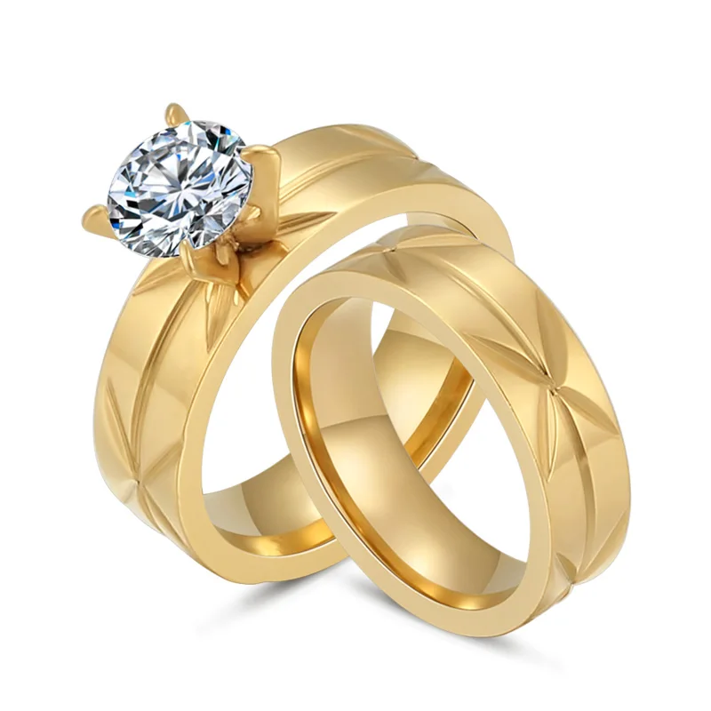 

1 Pair Gold Color Titanium Steel Wedding Rings Set For Women Cubic Zirconia Trendy Band Engagement Ring Fashion Jewelry (A1120)