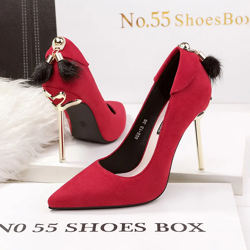 

Fashion Women's High Heels Shallow Office Shoes New Arrival Solid Flock Pointed Toe Women Pumps Super High Sexy Shoes metal