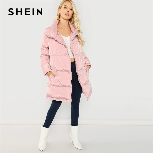 SHEIN Pink Casual Solid Pocket Side Zipper Up Longline Puffer Stand Collar Coat Winter Thermal