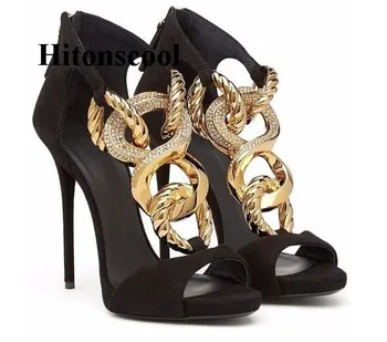 

Women Black Suede Peep Toe Gold Metal Chain Decoration Sandals Summer Back Zipper Cover Heel Thin Heel Party Shoes 12CM Heel