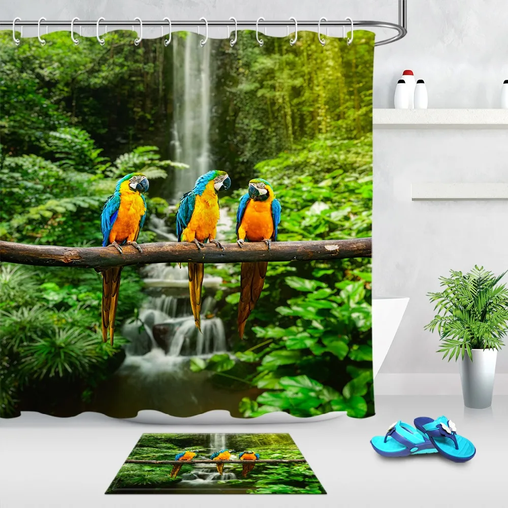

Blue And Yellow Macaw Waterfall Green Tree Forest Shower Curtain with Mat Waterproof Bathroom Fabric For Nature Bathtub Decor