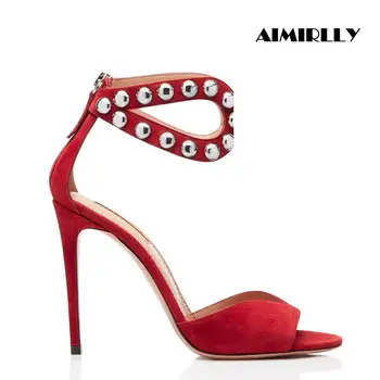 

Women Shoes High Heels Sandals Elegant Back Zipper Bead Strap Ladies Wedding Evening Party Shoes Red Faux Suede Aimirlly