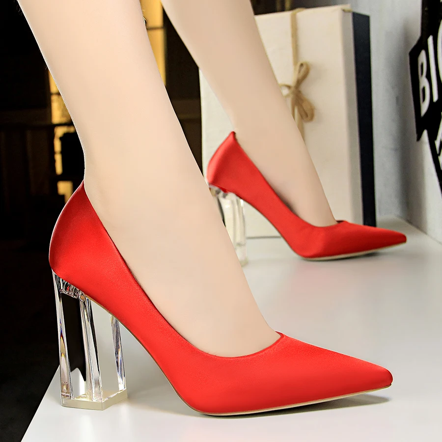 2019 Plus Size 43 Women Block 10cm High Heels Lady Scarpins Green Satin Pumps Female Wedding Yellow Blue Silk Transparent Shoes