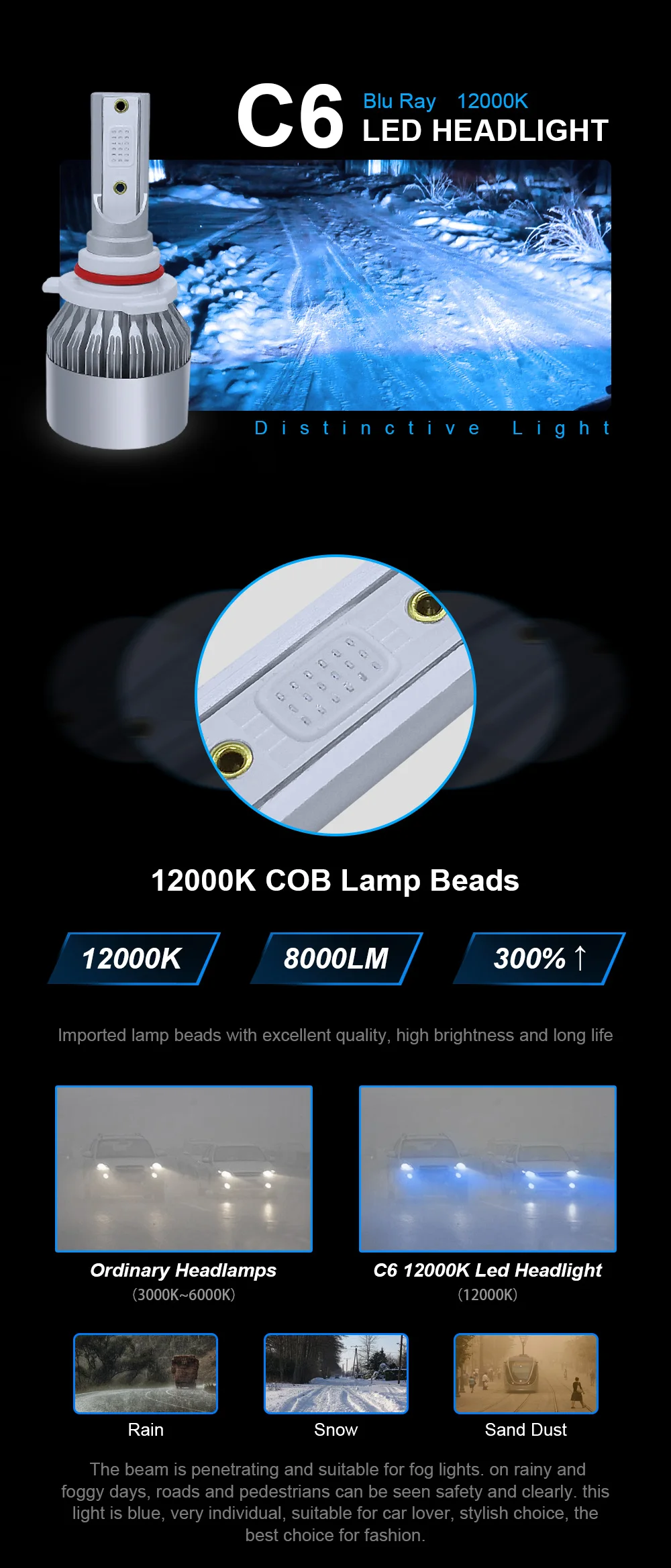 Roadsun стайлинга автомобилей пятно света 12000 K COB Чип C6 фар автомобиля лампы светодиодный H7 H4 H1 H11 9005 9006 светодиодный лампы Kit Auto синий освещение