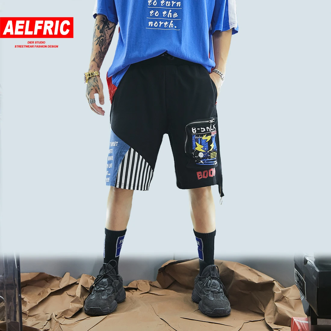 AELFRIC модные Лоскутные молнии карман повседневные короткие мужские летние Харадзюку негабаритных джоггеры по колено карго шорты Уличная