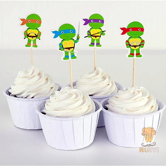 24P TMNT Turtle birthday boy Party Cupcake Cakes Decorating Toppers Picks Flags