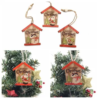 

3PCS/Lot Lovely Christmas House Wooden Pendants Christmas Tree Ornaments Gift Home Christmas Party Decorations DIY Wood Crafts