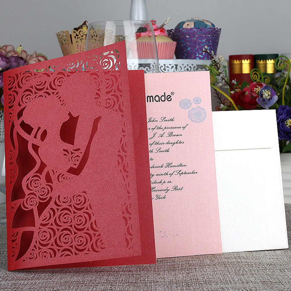  10cs Carved Bride Groom Kiss Pattern Wedding Invitation Card Laser Cut Wedding Card Kit with Inner  - 32836721576