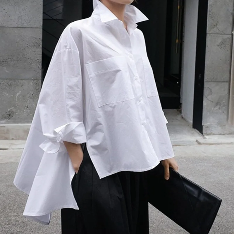 DEAT/ г. Новая корейская летняя рубашка для девочек однобортная хлопковая белая блузка с отложным воротником и рукавами-фонариками WG04300L