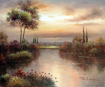 

100% hand painted Tuscany Sunset Italian Lake Trees Flowers Clouds Oil On Canvas Painting free shipping High quality