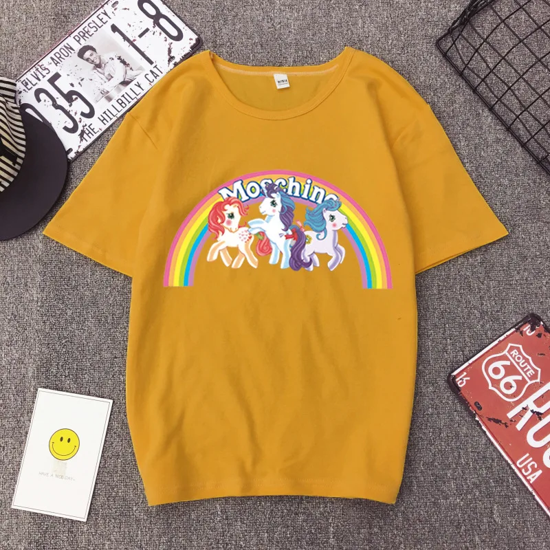 Летняя свободная футболка с принтом «Мой Маленький Пони», с короткими рукавами, с изображением единорога, радуги, трех влюбленных пони, женская футболка, повседневные топы с круглым вырезом