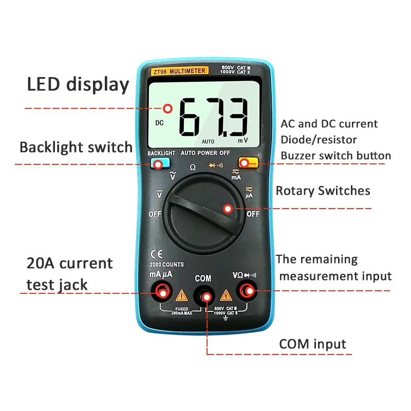 Urijk AC/DC Digital Multimeter Tester Volt Meter Handheld Ammeter Voltmeter ZT98 LCD Backlight Multimeter