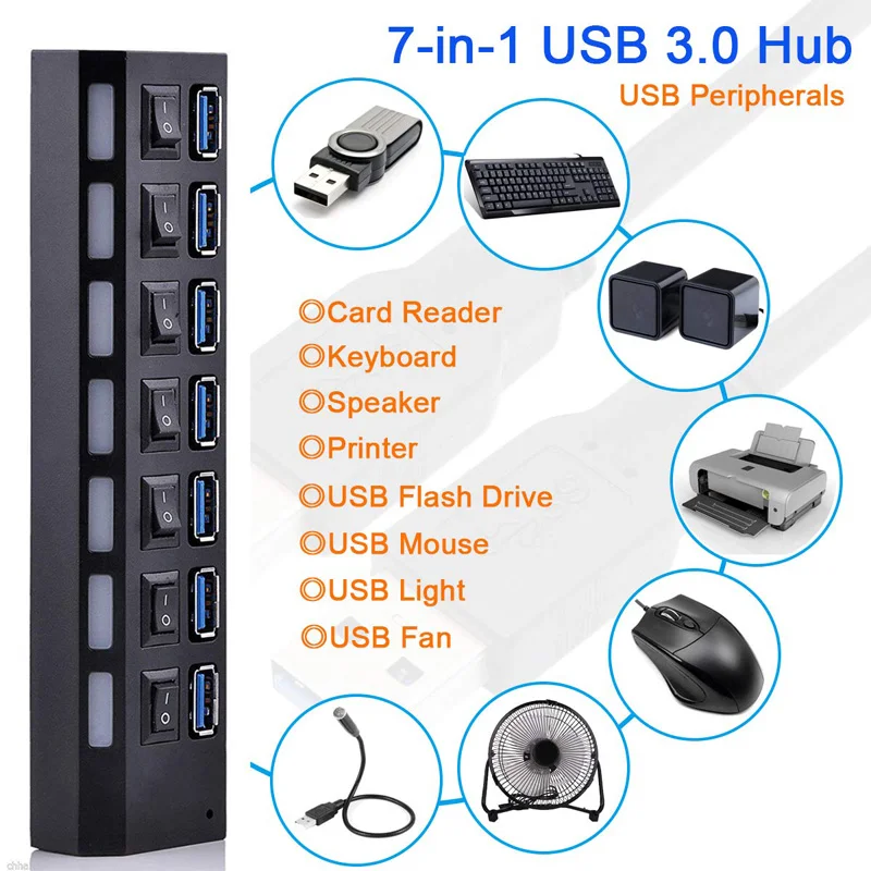USB HUB 3.0 Super Speed 5Gbps 7 Ports USB 3.0 HUB USB Splitter With On/Off Switch Platooninsert For Computer Laptop Peripherals