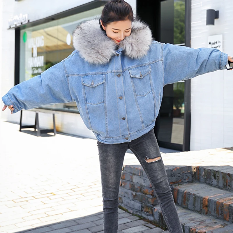 Greatest  Winter Fur Denim Jacket Women Fashion Faux Rabbit Fur Blue Jeans Jacket Coat with Warm Lining Femal