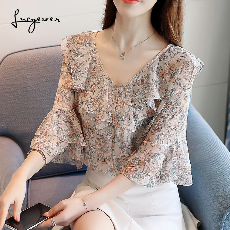 

Lucyever Summer Korean print floral chiffon women tops ruffles v-neck loose pure cotton shirts half flare sleeves ladies blouses