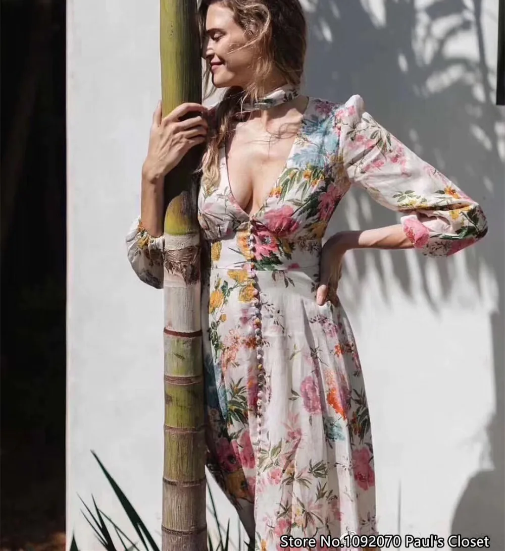 

Women Garden Floral Print Heathers Plunge Long Dress