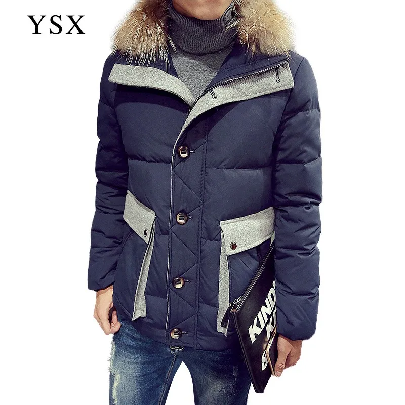 YSX Duck Down Jacket Winter Blue Down Coat With Hood Men Winter Coats
