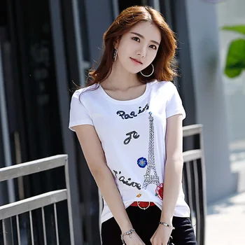 

Europe Hot 2020 Summer Women's High Fashion Slim O-Neck Short Sleeve Rhinestone Letter Paris Tower Printing T Shirt Floral Tops