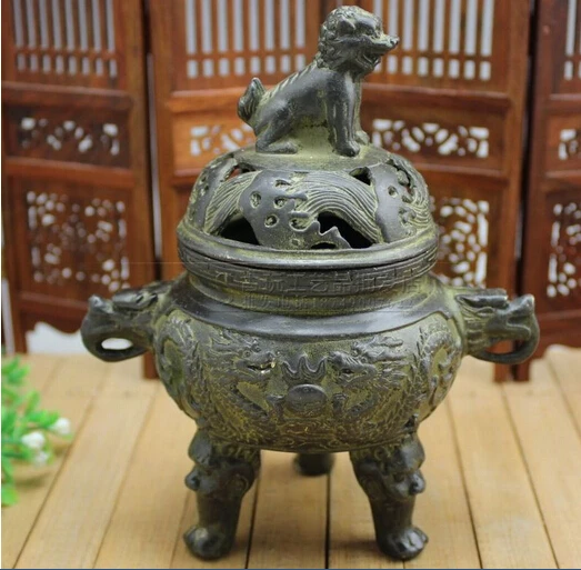 

Collection Chinese old bronze carved dragon lion lid 3 feet incense burner fast shipping