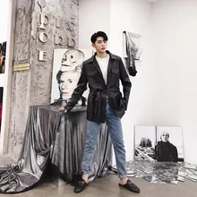 Длинная куртка из искусственной кожи, Мужская модная винтажная куртка с отворотом на талии, с воротником под горло, весна-осень, Тренч, мужские кожаные куртки