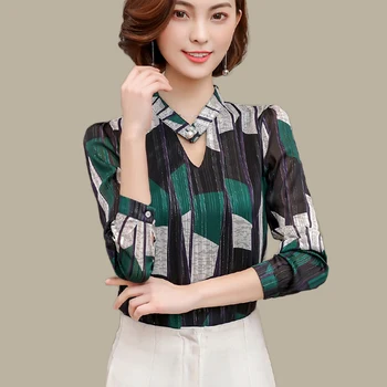 

Female 2018 Spring New Striped V-neck Chiffon Shirt Western Style Small Shirt Fashion Wild Long-sleeved Blouse Office Lady Shirt