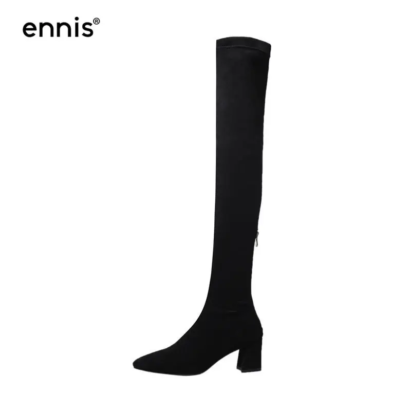 ENNIS/ Стрейчевые Сапоги выше колена женские сапоги на толстом высоком каблуке с острым носком осенне-зимние сапоги до бедра женская обувь из флока L859 - Цвет: Black