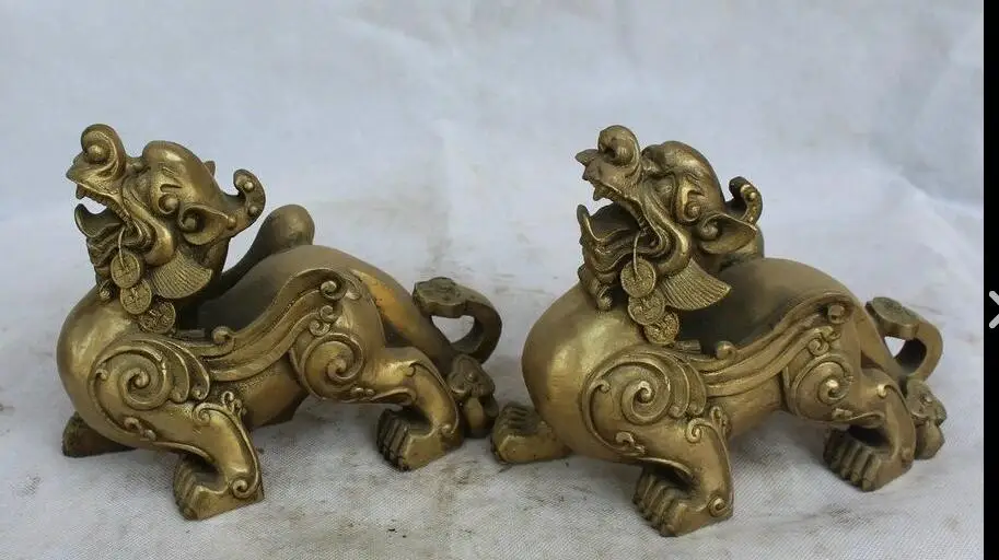 

6710517++8" Chinese Brass Wealth Pi Xiu Exorcise Evil Spirits Unicorn Beast Statue Pair