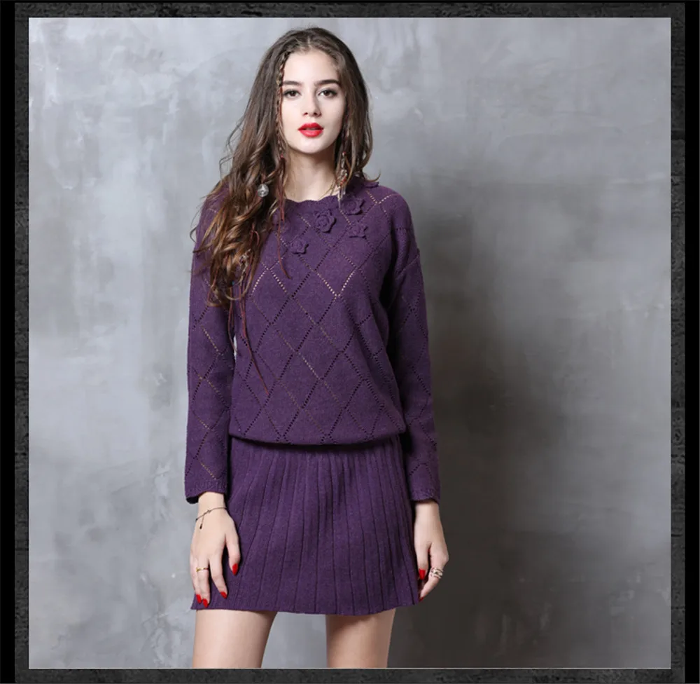 Vintage Winter Sweater Dress 2018 Cotton Wool Floral Knitting Dresses Female O-Neck Long Sleeve Pleated Sweater Dress Vestidos (16)
