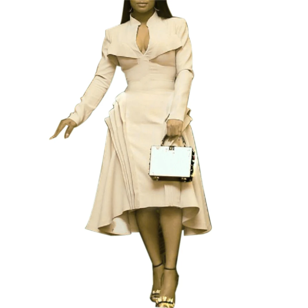 

2019 New Women's Long-sleeved V-neck Layer Ruffles Dress Summer Women Office Lady Irregular Hem Elegant Vestidos