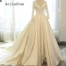 Роскошные бальное платье с открытыми плечами с длинным рукавом Винтаж Свадебные платья Атлас Длинный поезд свадебное платье vestido de noiva
