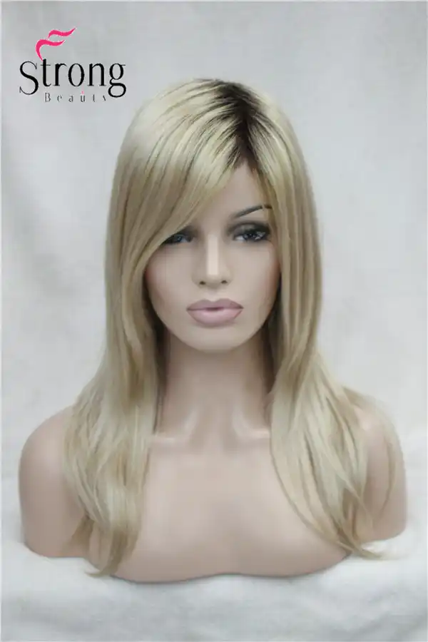 Long Straight Blonde With Dark Roots Side Swept Bangs Synthetic