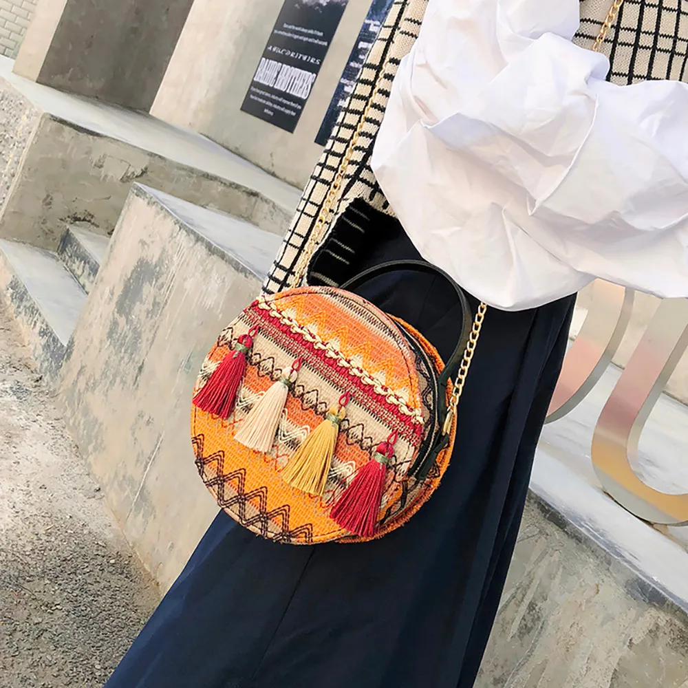 

Shoulder Bag Women Ins super fire national wind portable chain small round bag tassel packet Female Fashion Versatile Bags /0.7