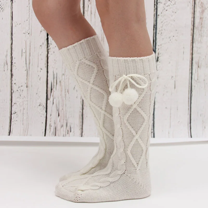Elegant White Pompom Knitting Warm Socks New 2017 Sexy Female Long Warm Socks Winter Boot for Women Girls Calcetines Mujer