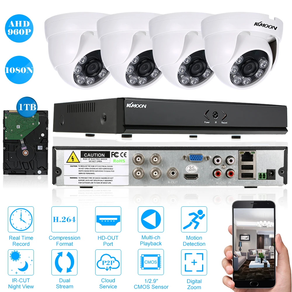 

KKmoon 4CH CCTV System 4CH 1080N DVR 960P 4PCS 3.6mm Night Vision Indoor CCTV Camera Home Security System Surveillance Kits 1TB