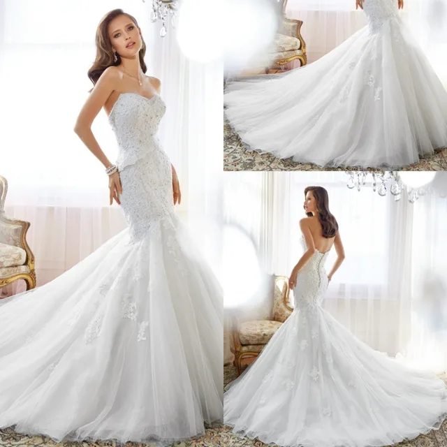 2017 Spring Modern Mermaid Wedding Dresses Sweetheart Beads Lace 2017 Spring Modern Mermaid Wedding Dresses Sweetheart Beads Lace Liques Peplum Bridal Gown Back Cut Out