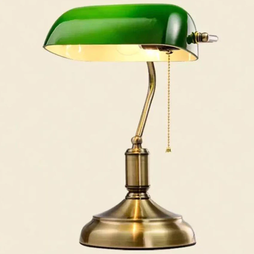 Китайский стиль, Ретро Настольная лампа с выключателем с вытяжной цепью, стеклянный абажур, металлическая основа, прикроватная лампа для спальни, для учебы, офиса, настольная лампа