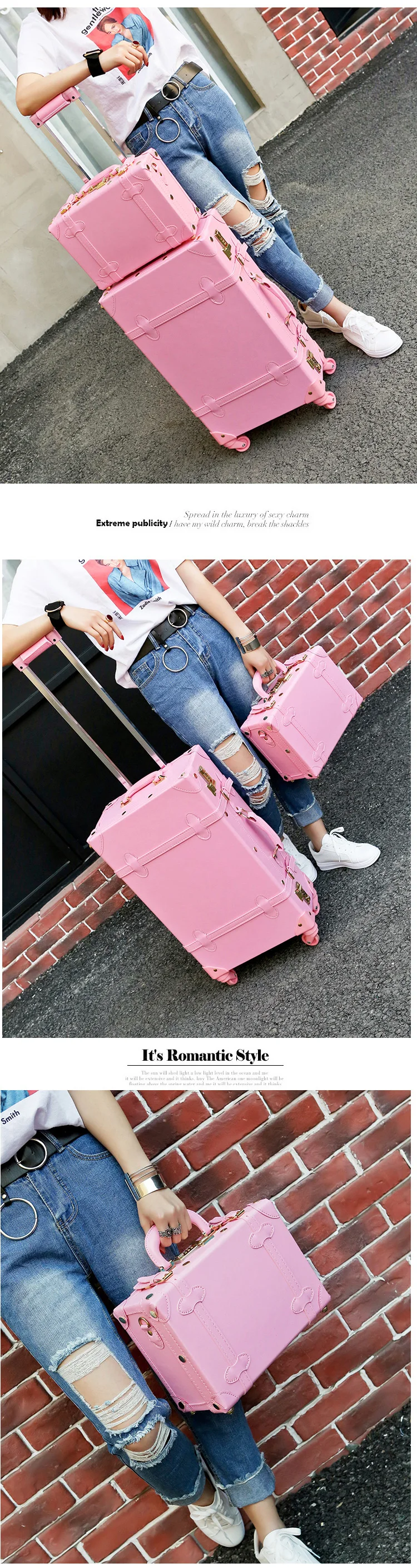 Винтаж путешествия сумки на колёсиках чемодан сумка, искусственная кожа коробка с косметичка, для женщин перевозчик, высокое качество Carry-On Дело Тележки