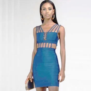 

Wholesale 2019 new dress blue Spaghetti Strap Hollow Elastic tight Fashion mini Sexy Celebrity Party bandage Dress(H2522)