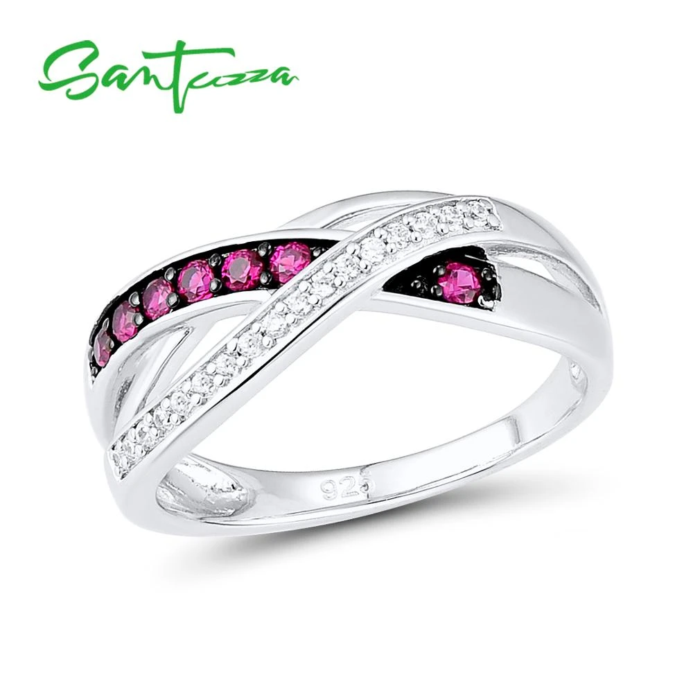 925 Sterling Silver Ring Delicate Pink Cherry Tree Created Ruby Shiny White Cubic Zirconia