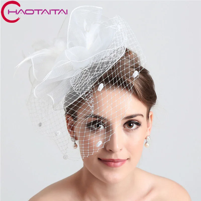 Direct Selling White Female Veils Birdcage Net Bridal Veils Feather