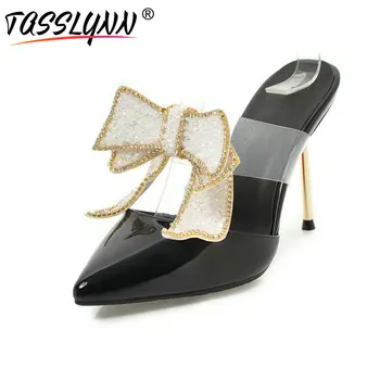 

2019 TASSLYNN Women Pumps Thin High Heel Butterfly-knot Patent LeatherShoesPointed ToeBling Sequins Slingback Sandals Size 34-43