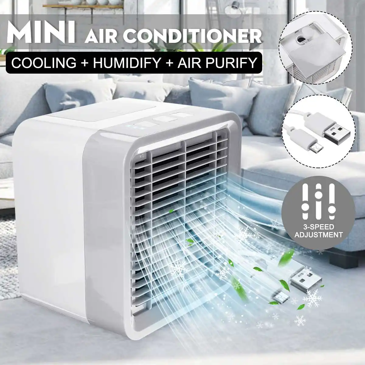 

USB Mini Portable Air Conditioner Humidifier Purifier Desktop Air Cooling Fan Air Cooler Fans for Office Home 3 Speed Adjustment
