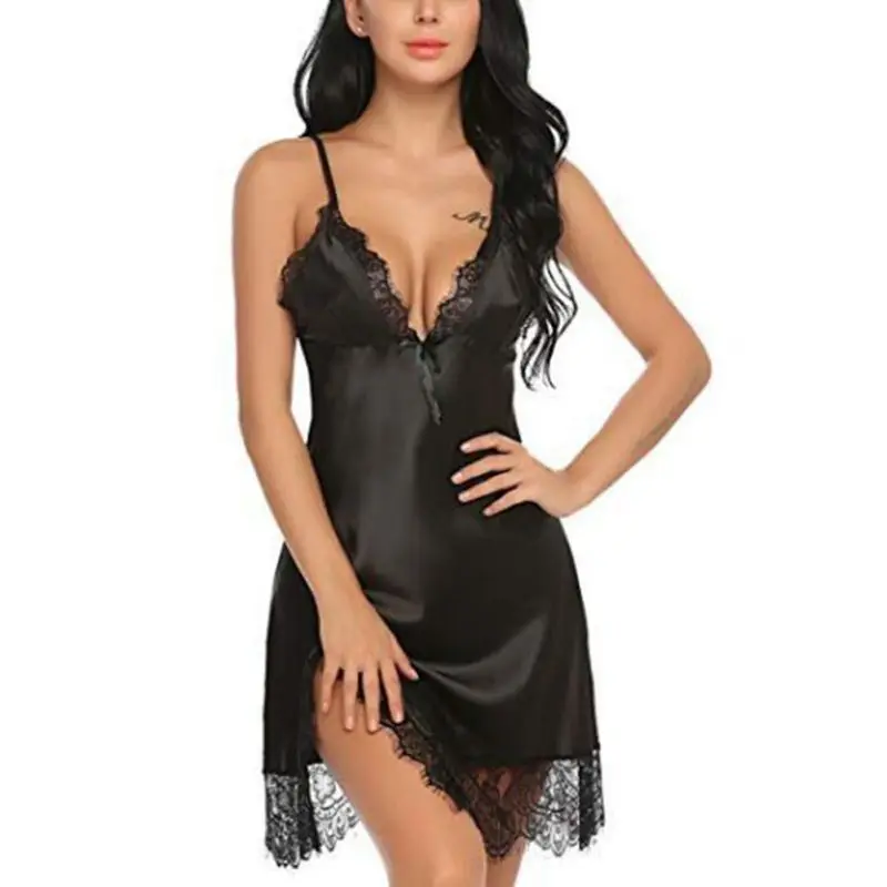 

EFINNY Women Sexy Summer Sling Nightdress Chemise Lingerie Simulation Silk Lace Stitching Home Clothing