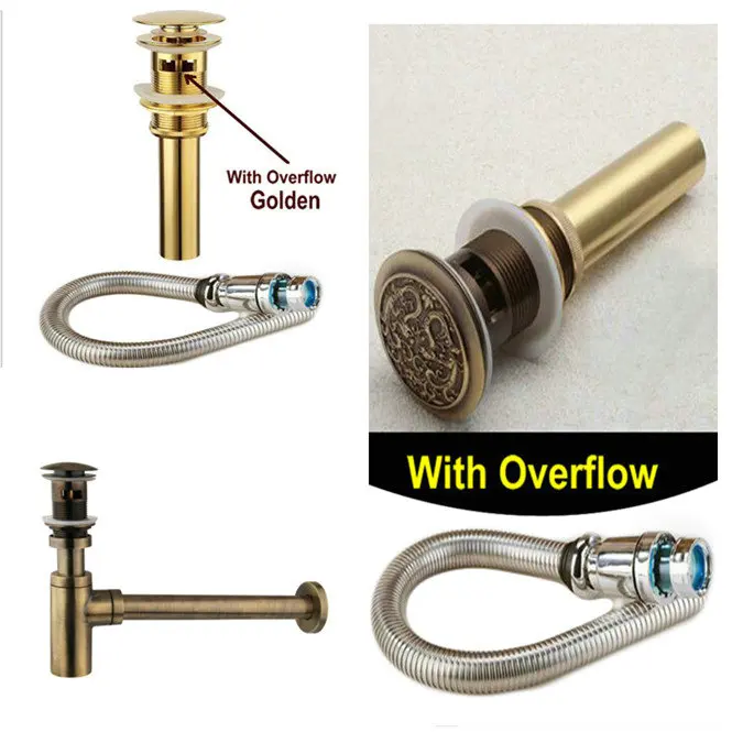 Solid Brass Drainer and Hose Package With Overflow Wall Mounted P Trap Bottle Trap Big Cap Pop