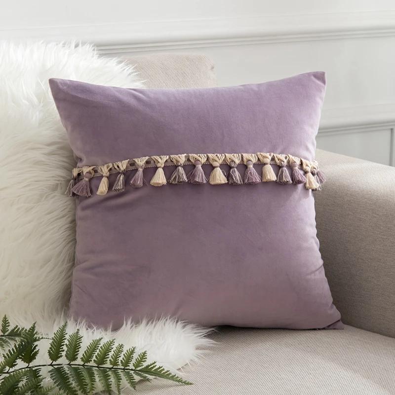 Скандинавские наволочки для дивана бархатные наволочки с кисточками розовый зеленый желтый фиолетовый пледы наволочки Декор для дома свадебный подарок - Цвет: Purple Cushion Cover