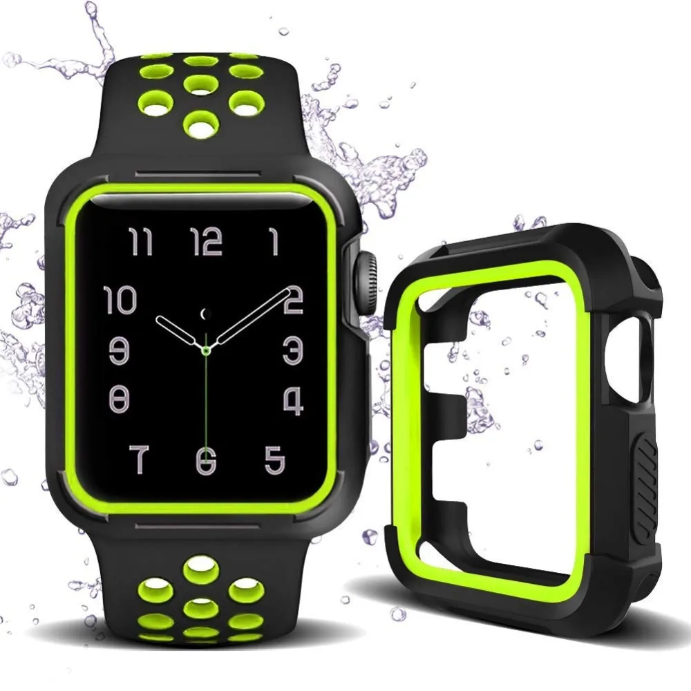 Apple Watch Band with Case 38 42 Shatter-Resistant Protective Case Soft Silicone Sport Band for Series4/3/2/1 Nike Sport Edition